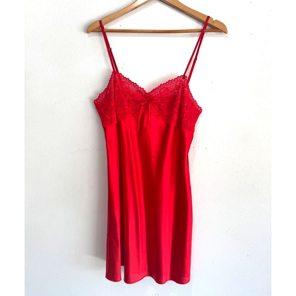 Morgan taylor cami slip dress red satin lace chemise sleepwear romantic women L